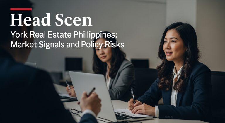 Philippine city skyline with residential towers and a focus on real estate branding.