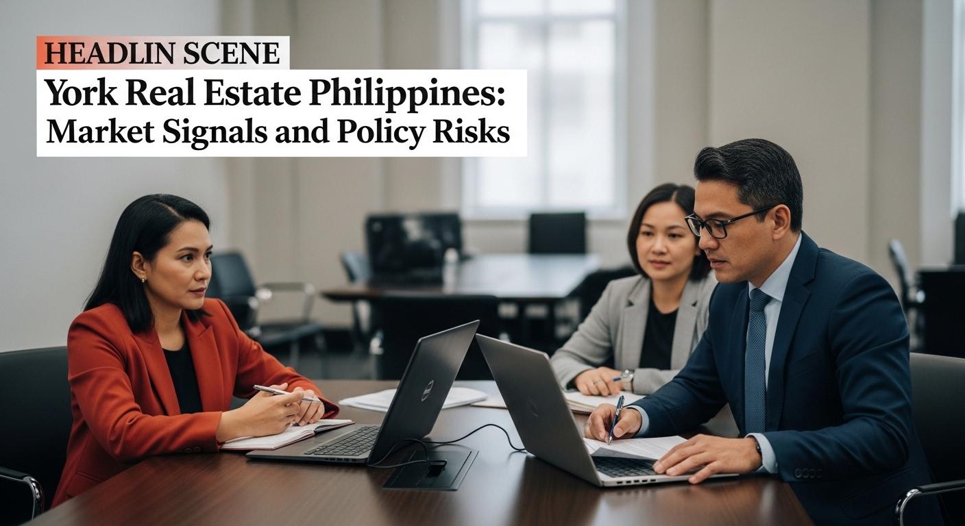 Philippine city skyline with residential towers and a focus on real estate branding.