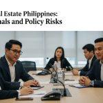 Philippine city skyline with residential towers and a focus on real estate branding.