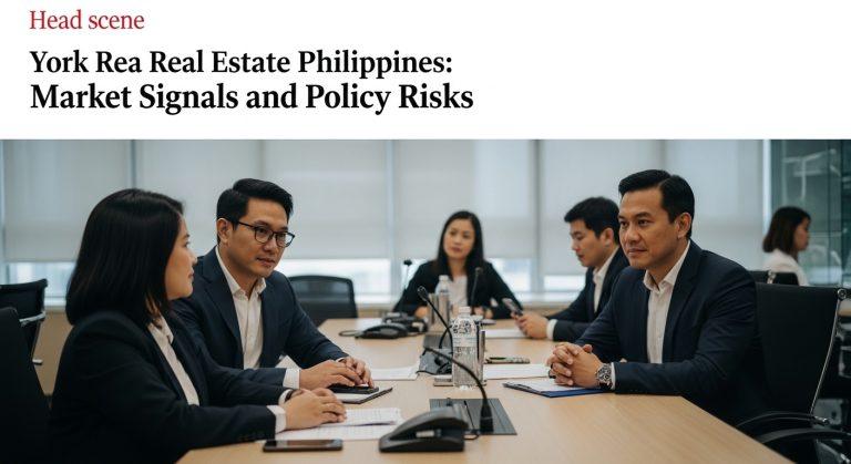 Philippine city skyline with residential towers and a focus on real estate branding.
