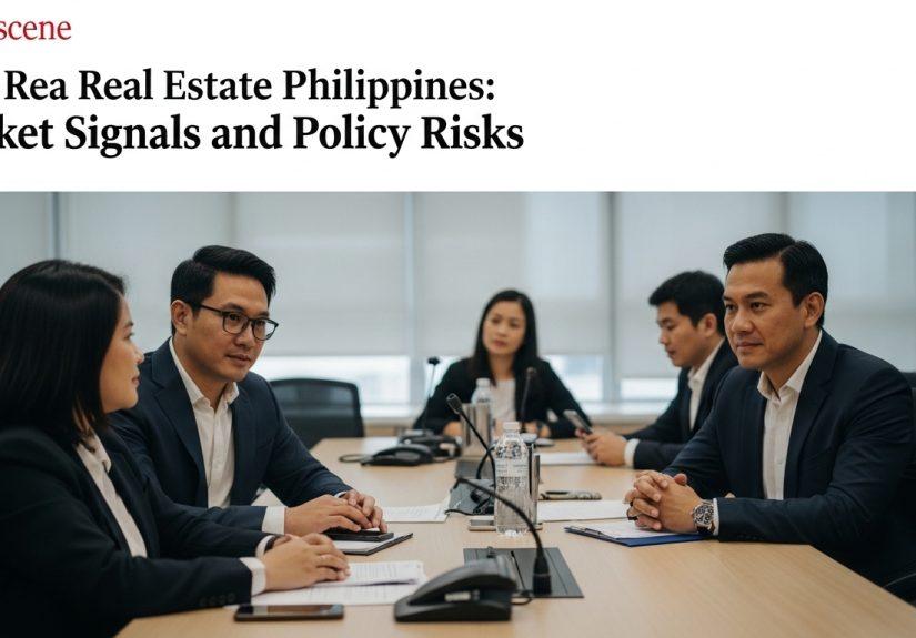 Philippine city skyline with residential towers and a focus on real estate branding.