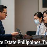 Manila skyline at sunset with tall buildings along the bay.