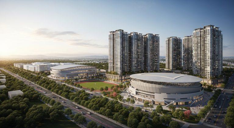City skyline with a contemporary stadium and surrounding residential towers, illustrating potential real estate growth n