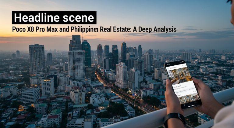 Filipino home shopper using Poco X8 Pro Max to browse real estate listings on a mobile device.